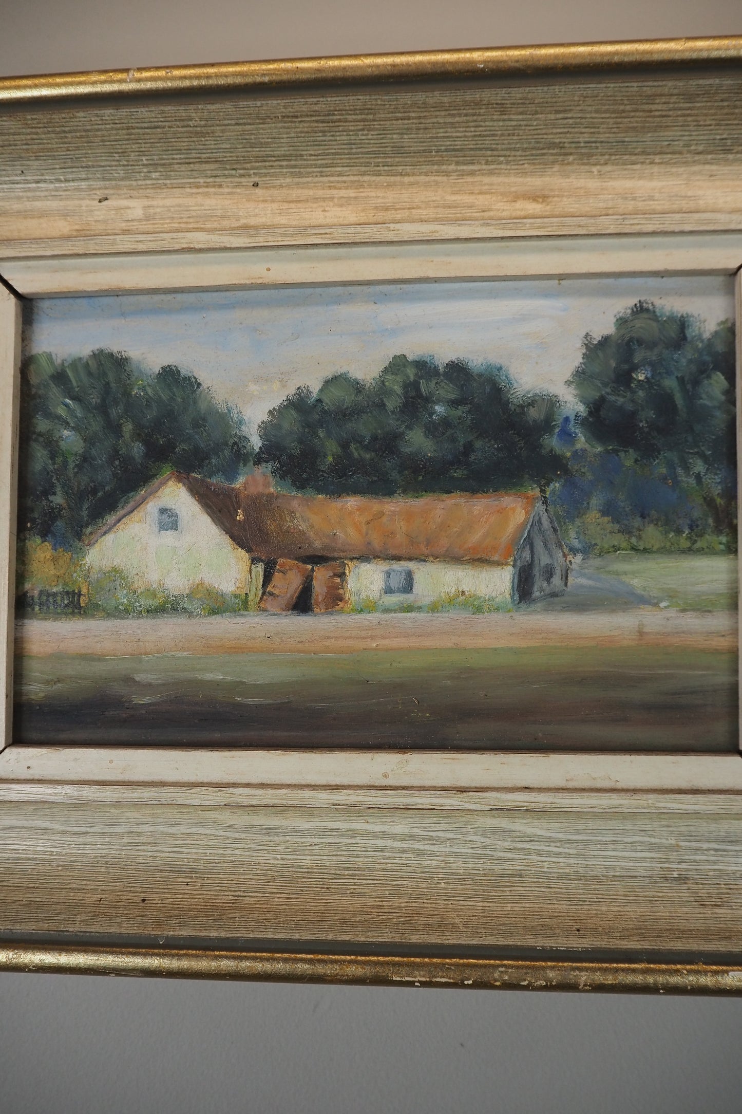 Early 20th Century Rural Countryside Landscape Oil Painting in White Frame