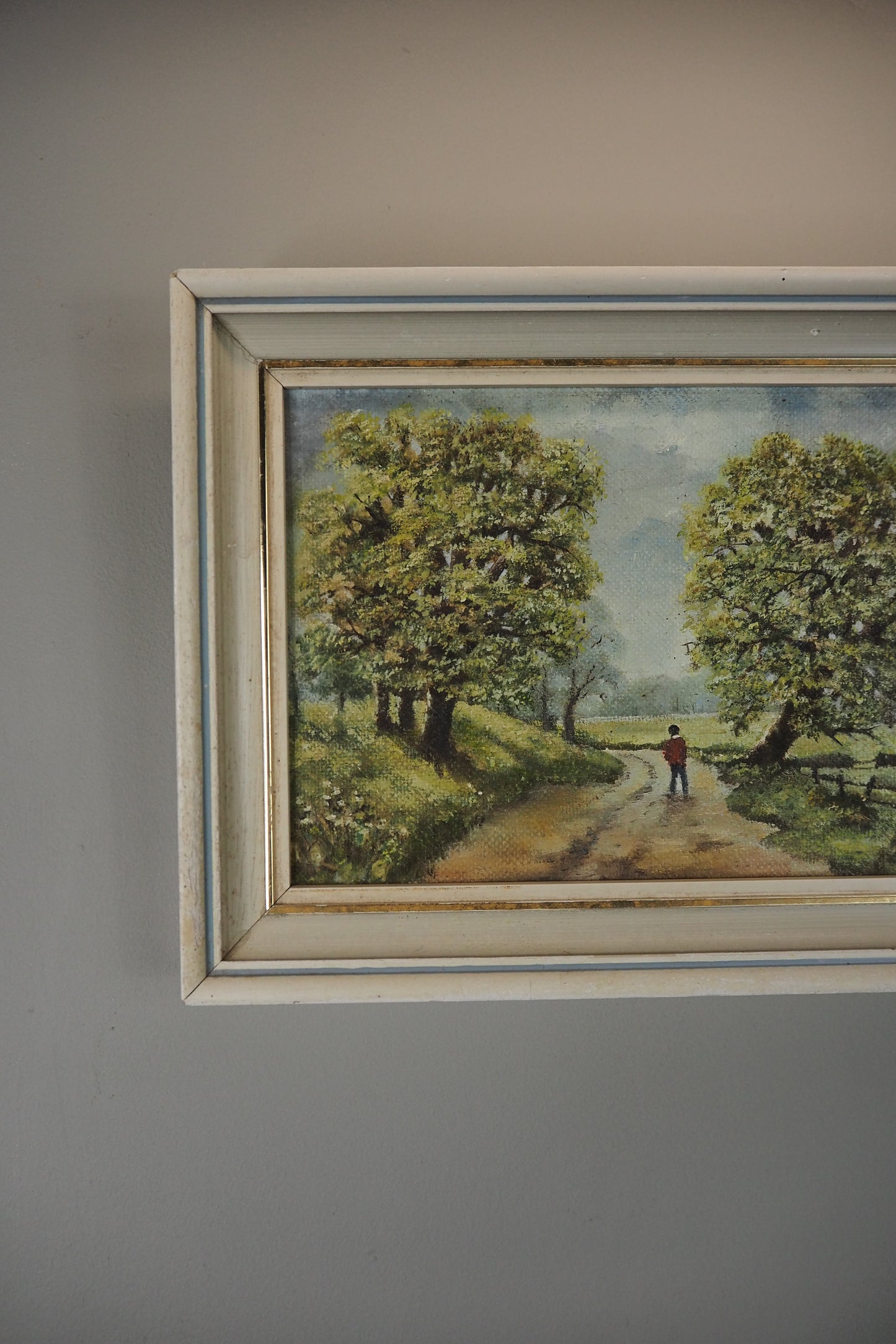 1923 Oil Painting by M Hodes in White  Small Vintage Frame