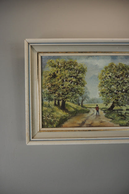 1923 Oil Painting by M Hodes in White  Small Vintage Frame