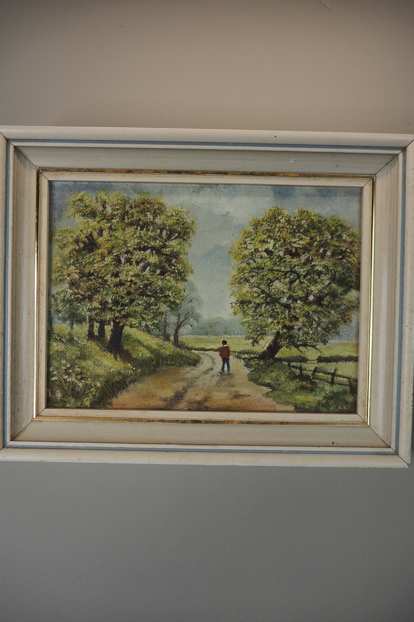 1923 Oil Painting by M Hodes in White  Small Vintage Frame