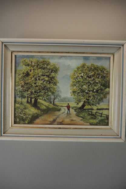 1923 Oil Painting by M Hodes in White  Small Vintage Frame