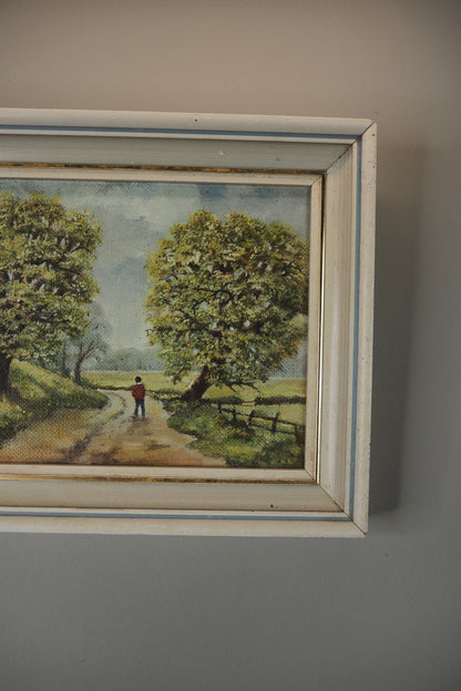 1923 Oil Painting by M Hodes in White  Small Vintage Frame