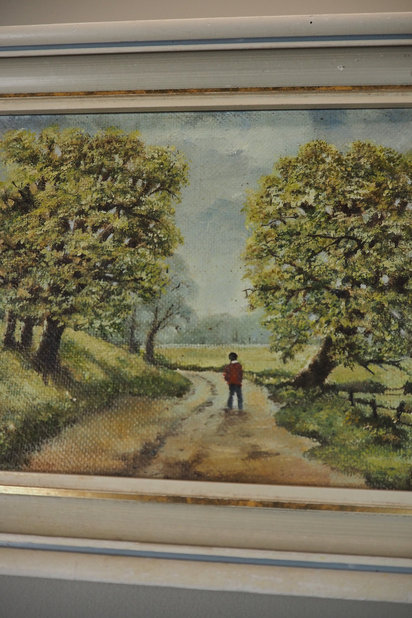1923 Oil Painting by M Hodes in White  Small Vintage Frame
