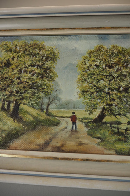 1923 Oil Painting by M Hodes in White  Small Vintage Frame