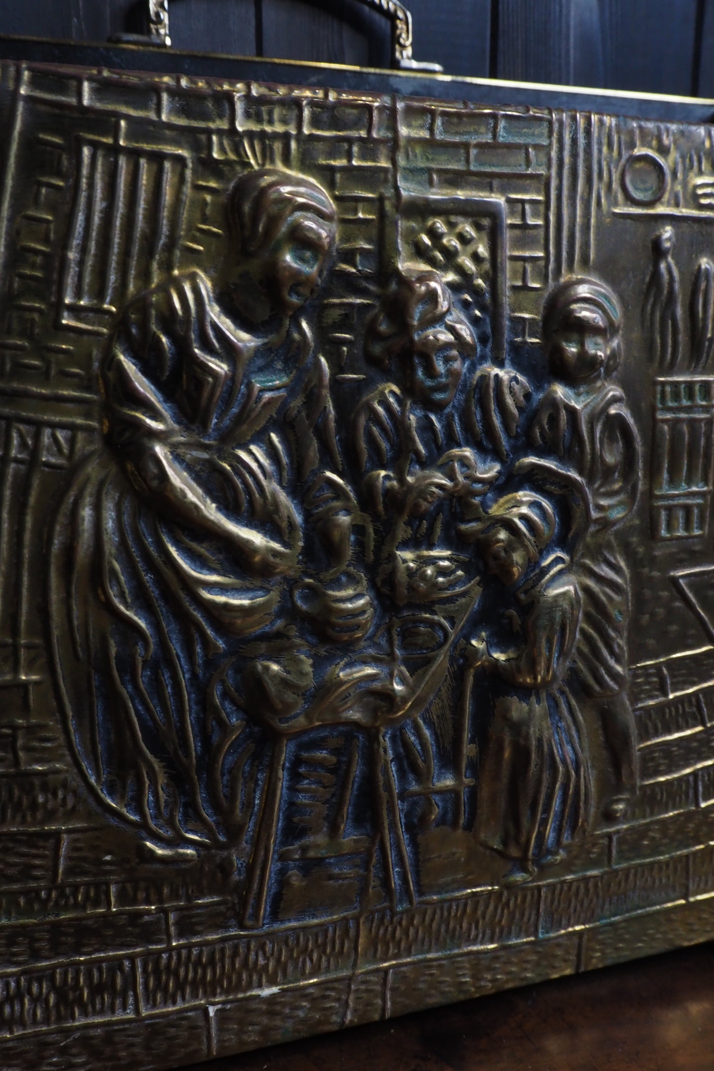 Vintage Lombard Brass Magazine Rack with Embossed Family Scene