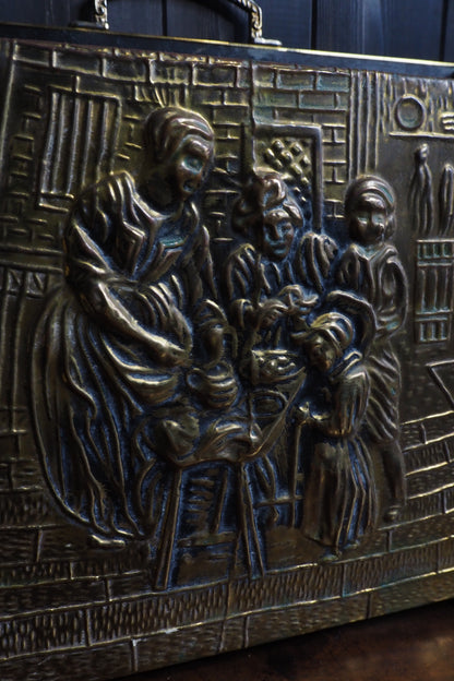Vintage Lombard Brass Magazine Rack with Embossed Family Scene