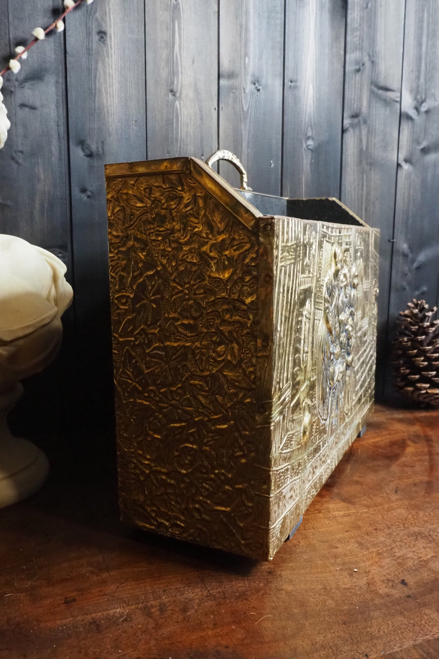 Vintage Lombard Brass Magazine Rack with Embossed Family Scene