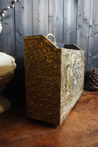 Vintage Lombard Brass Magazine Rack with Embossed Family Scene