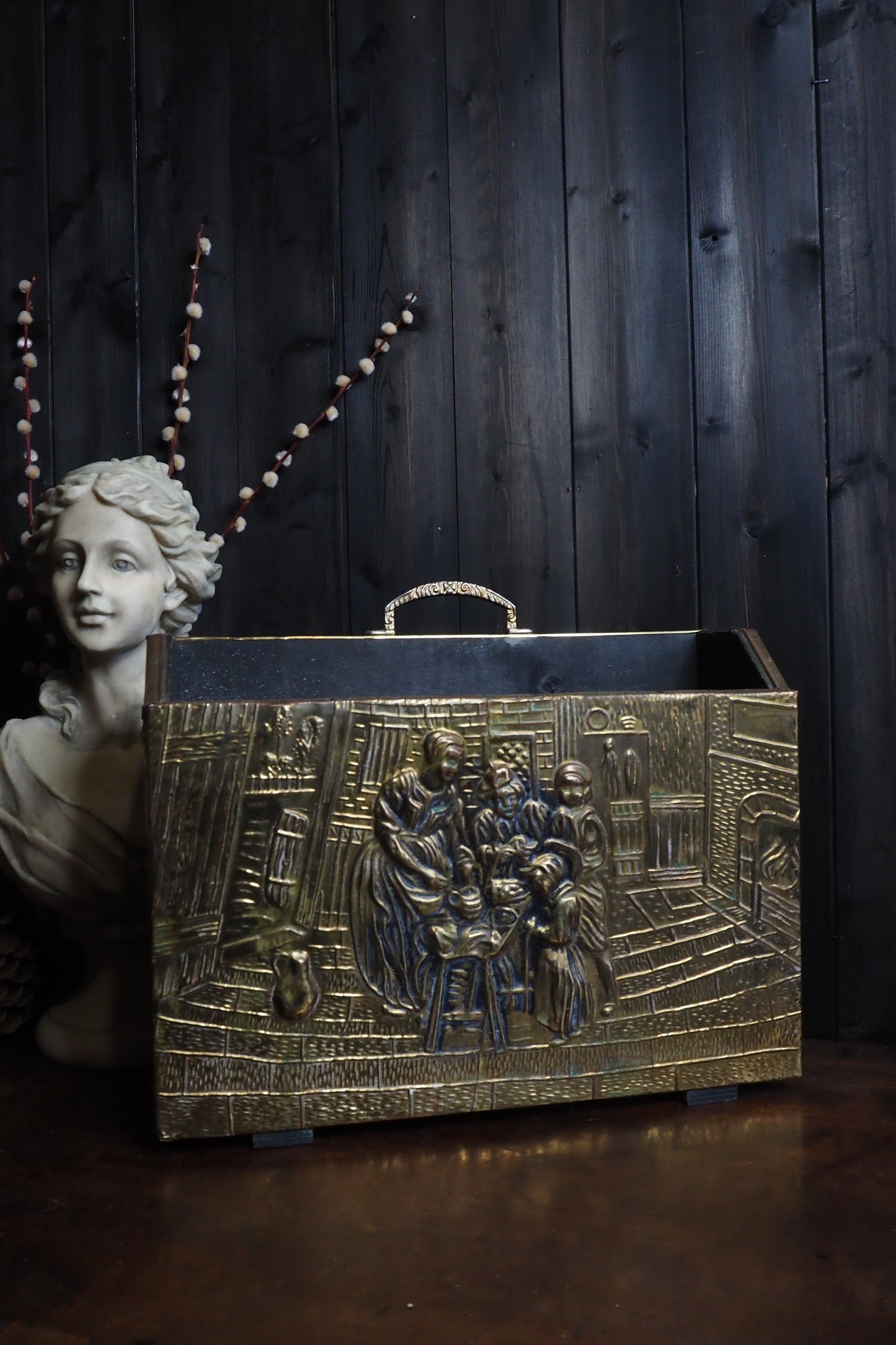 Vintage Lombard Brass Magazine Rack with Embossed Family Scene