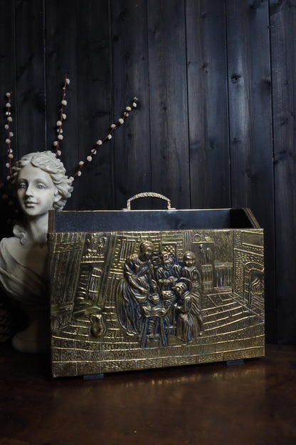 Vintage Lombard Brass Magazine Rack with Embossed Family Scene