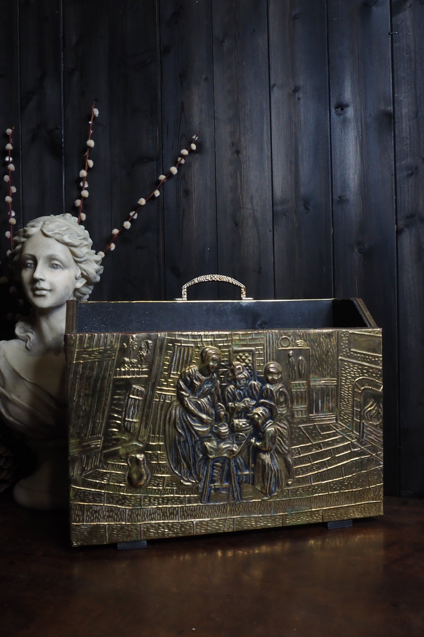 Vintage Lombard Brass Magazine Rack with Embossed Family Scene