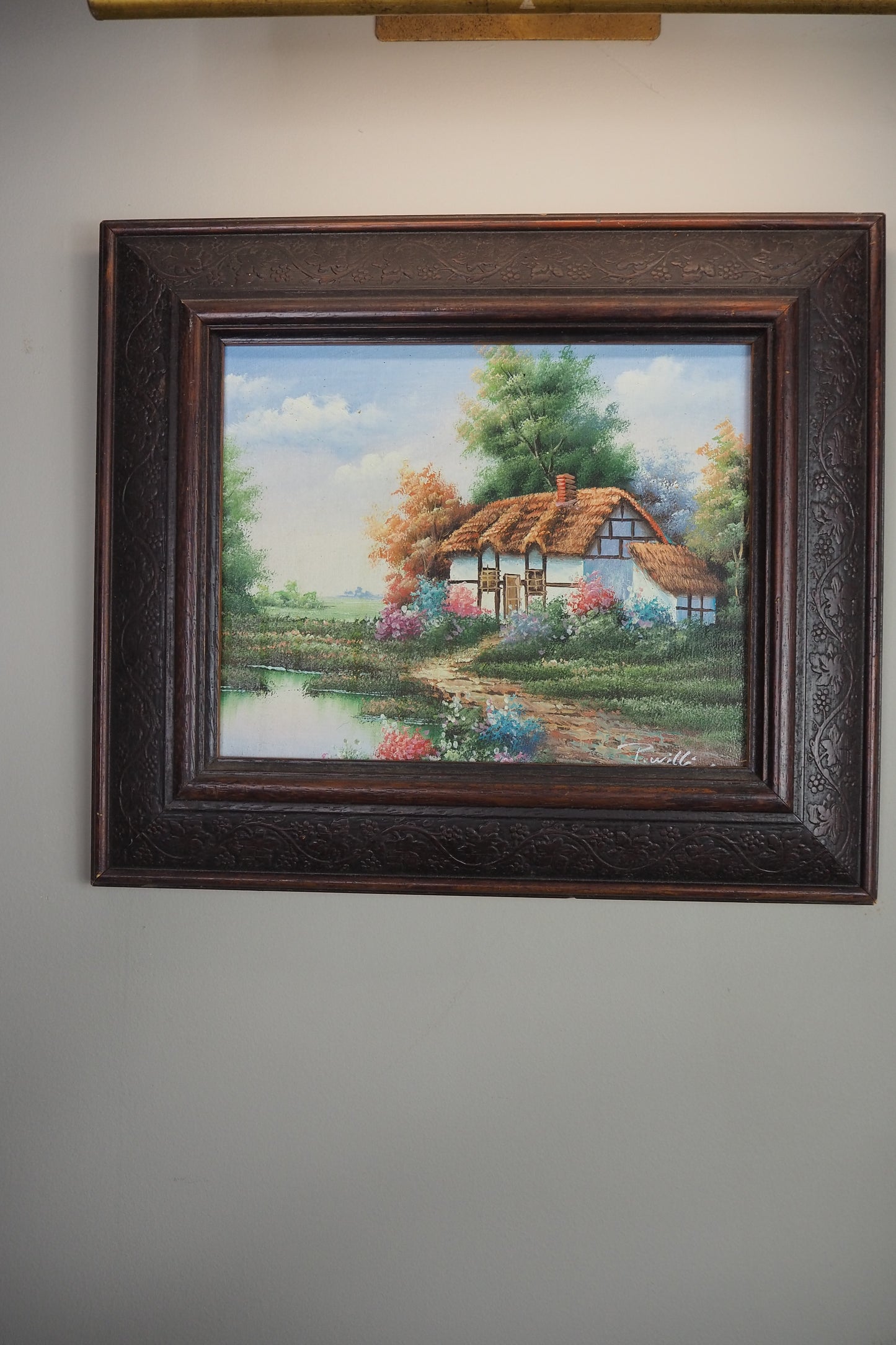 Vintage English Country Cottage Oil Painting – Rustic Framed Landscape