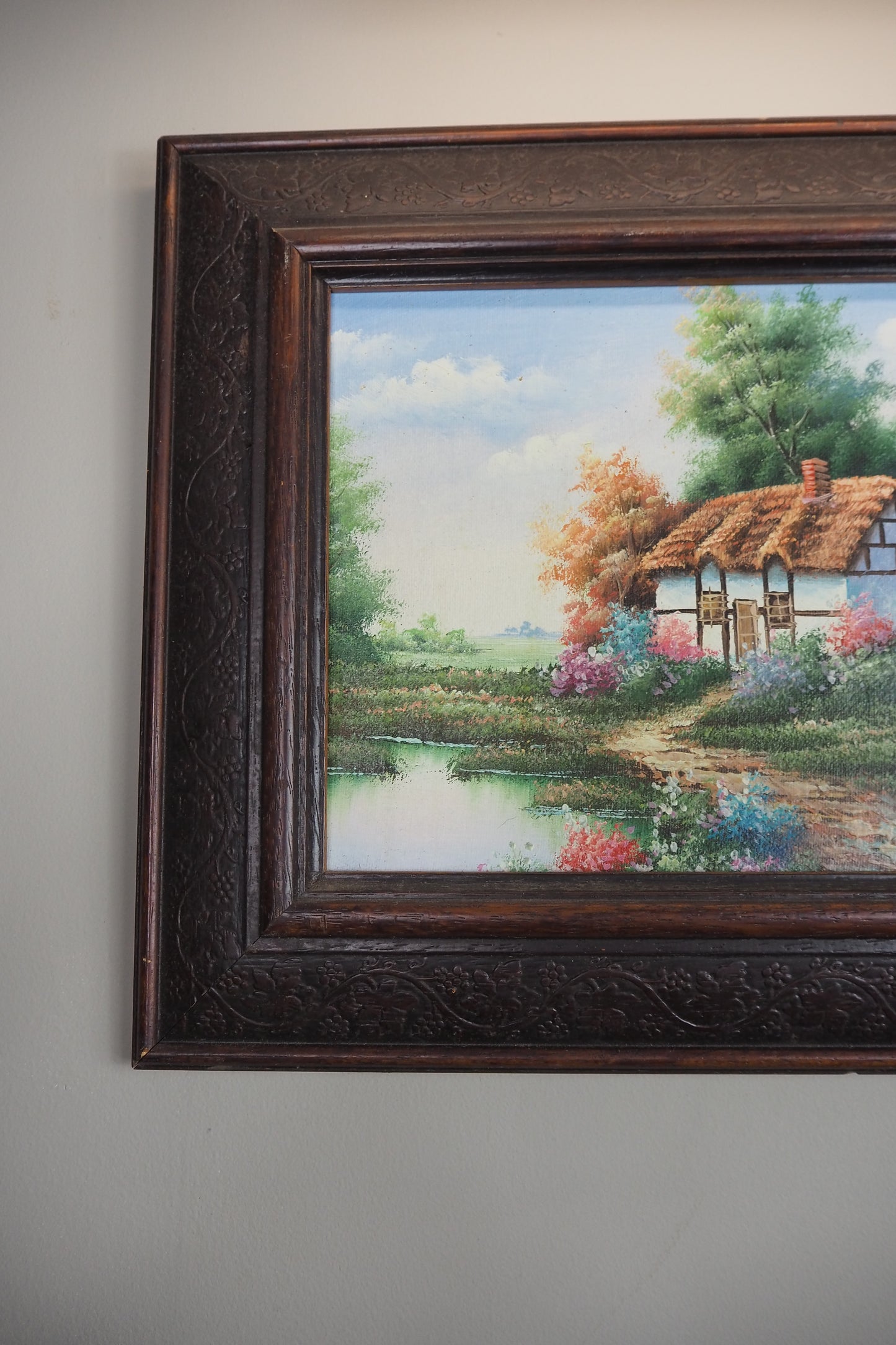 Vintage English Country Cottage Oil Painting – Rustic Framed Landscape