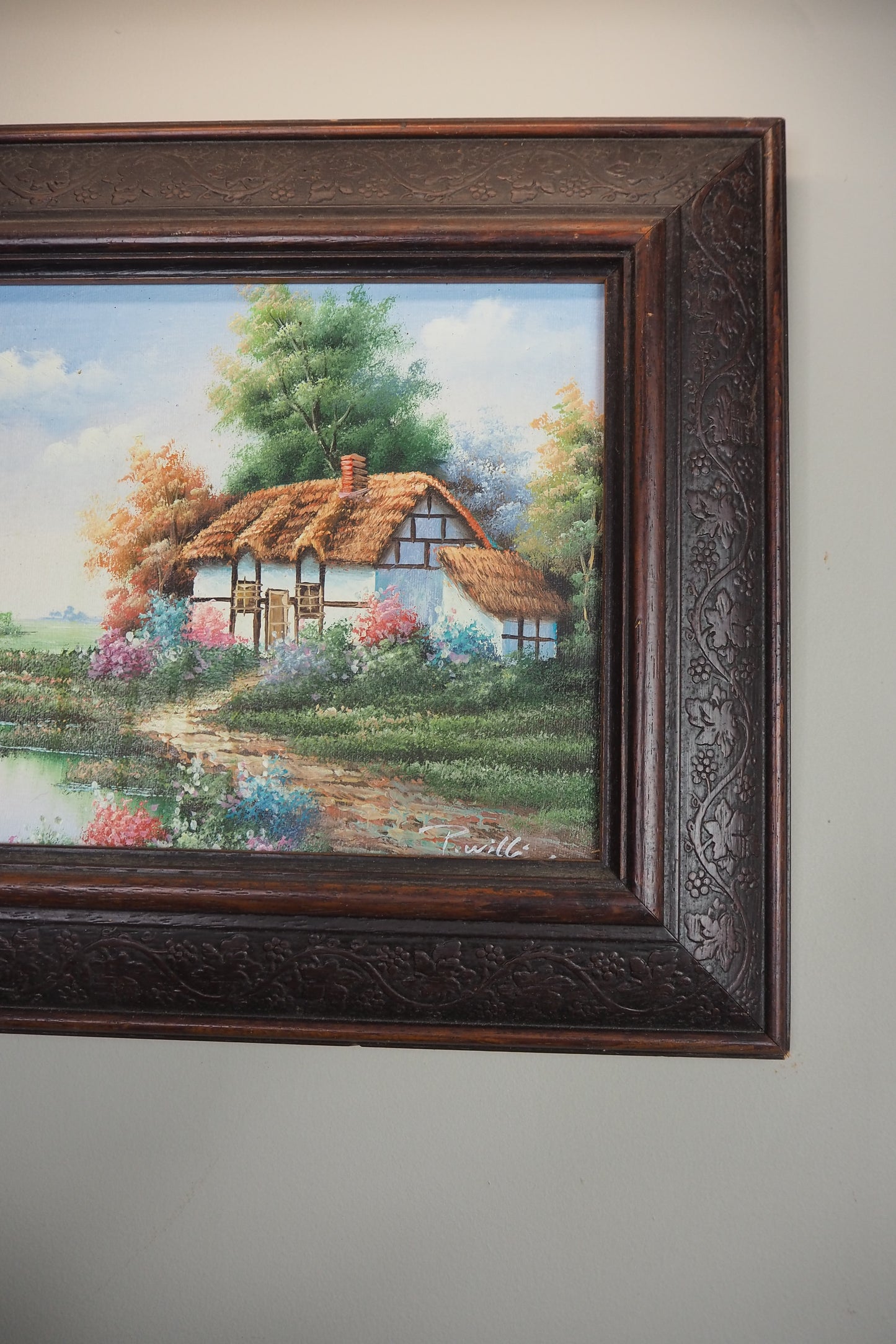 Vintage English Country Cottage Oil Painting – Rustic Framed Landscape