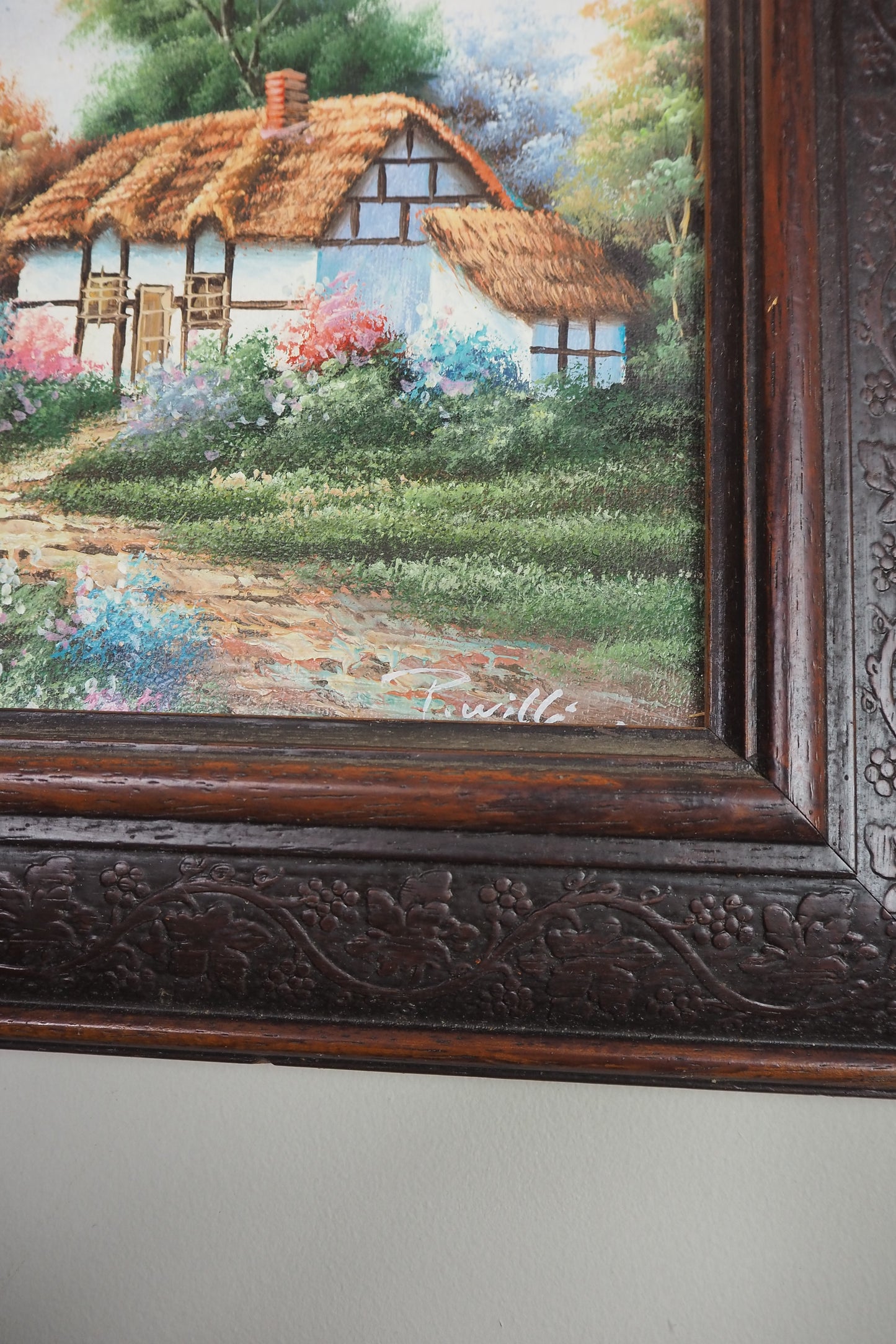 Vintage English Country Cottage Oil Painting – Rustic Framed Landscape