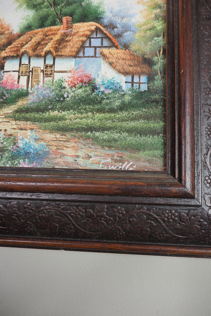 Vintage English Country Cottage Oil Painting – Rustic Framed Landscape