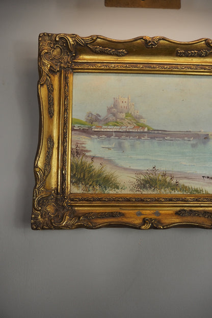 Vintage Signed Mont Orgueil Castle Oil Painting in Gold Ornate Frame