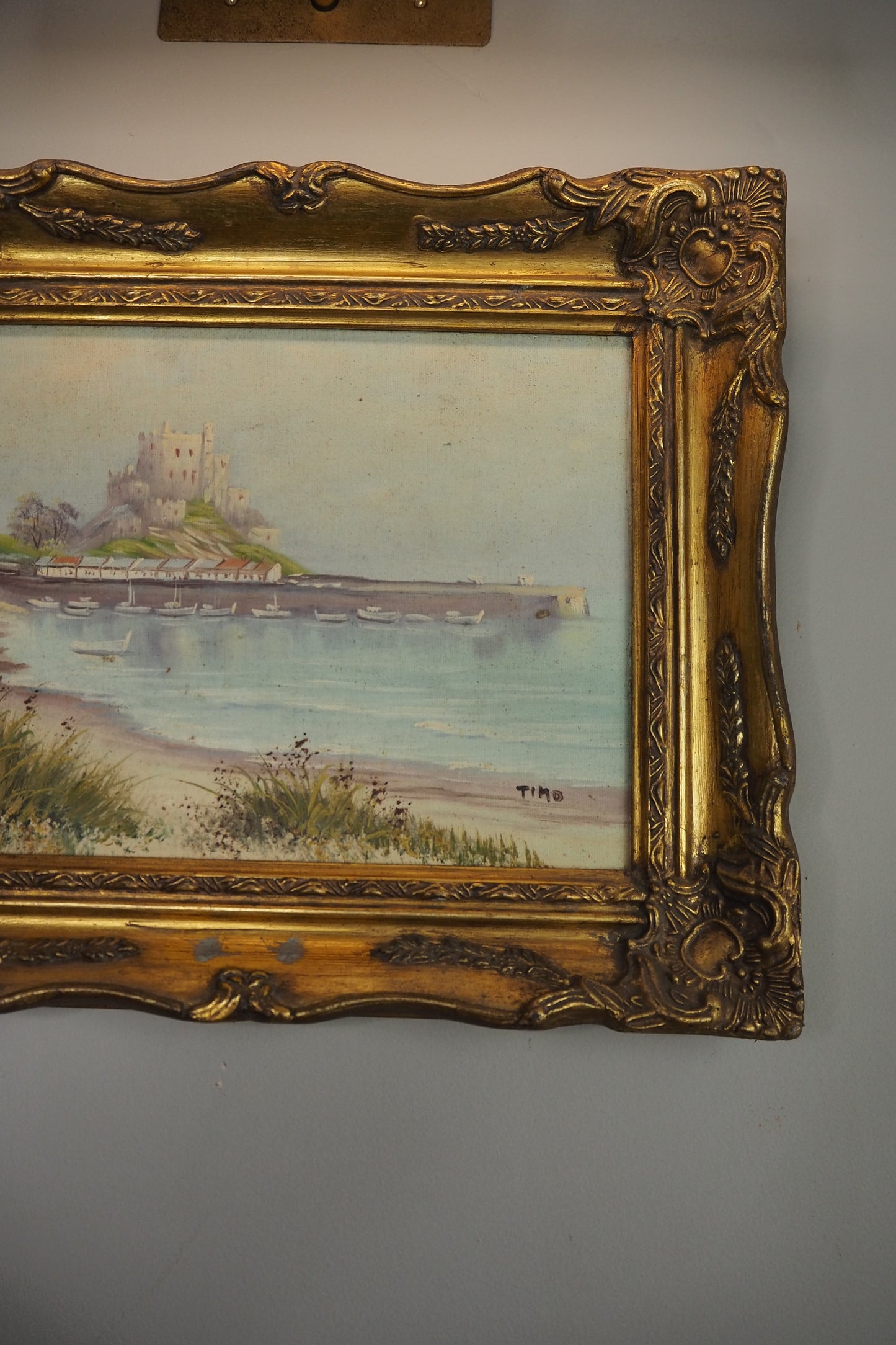 Vintage Signed Mont Orgueil Castle Oil Painting in Gold Ornate Frame