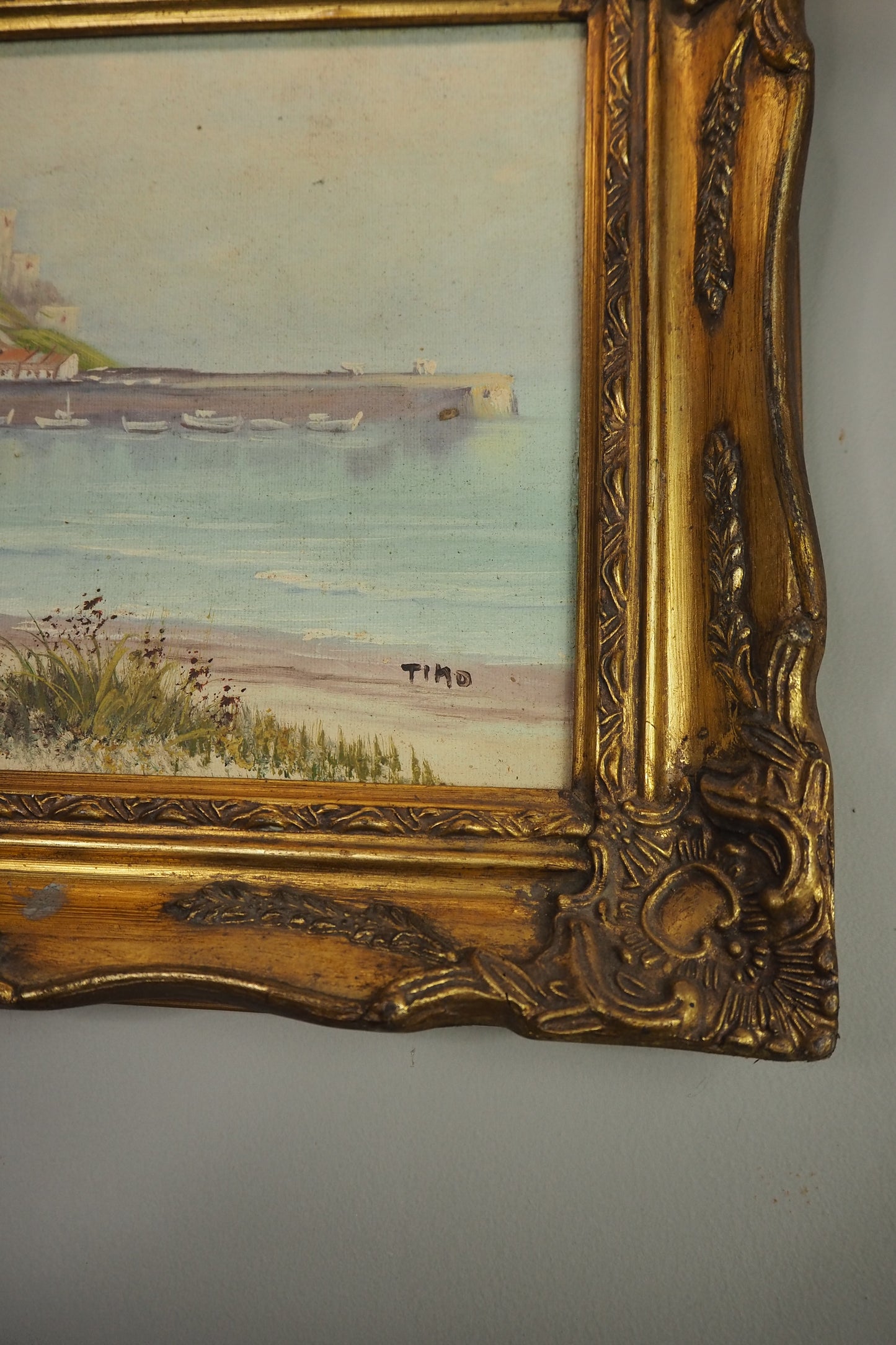 Vintage Signed Mont Orgueil Castle Oil Painting in Gold Ornate Frame