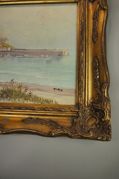 Vintage Signed Mont Orgueil Castle Oil Painting in Gold Ornate Frame
