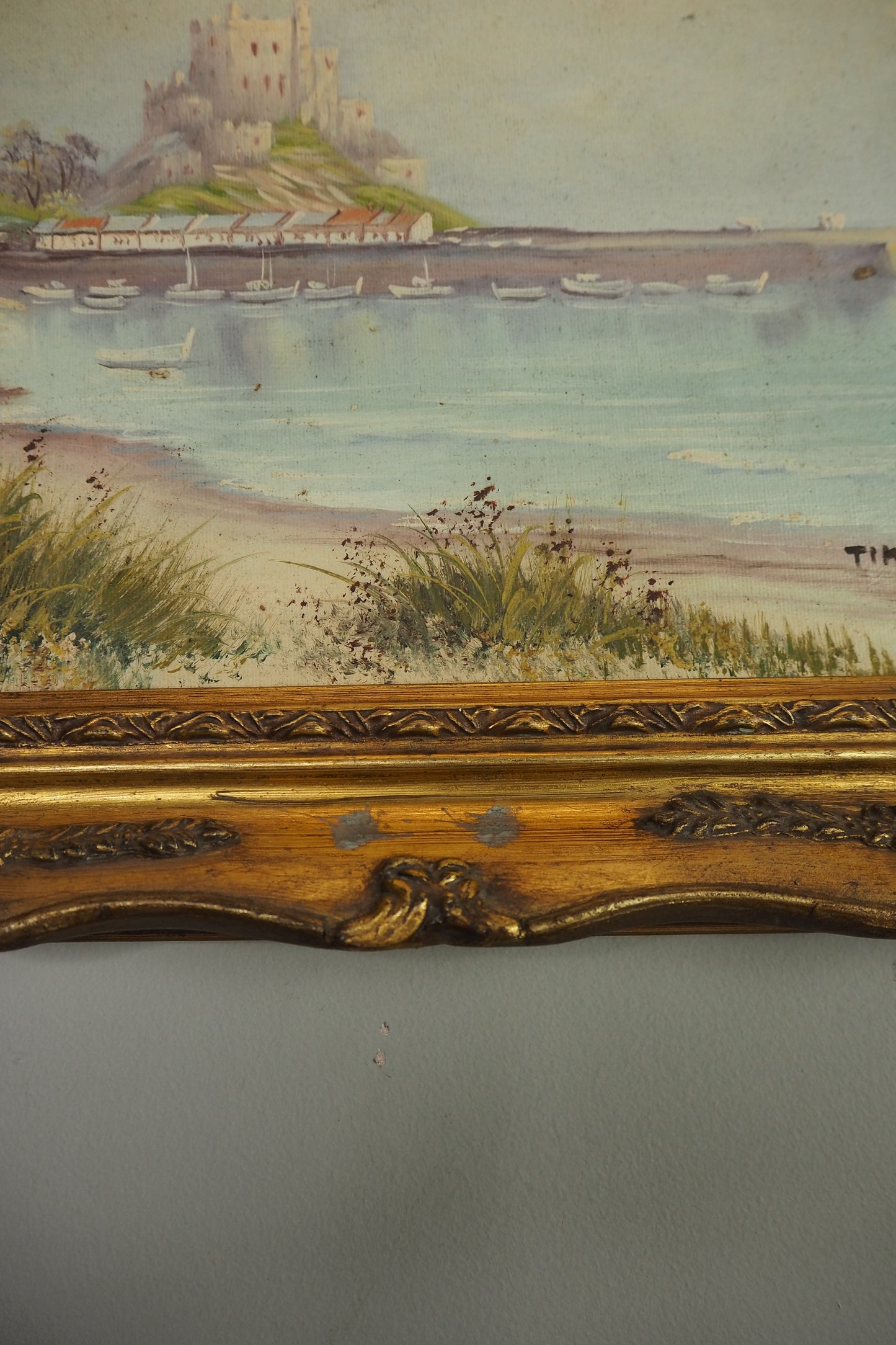 Vintage Signed Mont Orgueil Castle Oil Painting in Gold Ornate Frame
