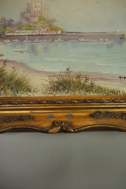 Vintage Signed Mont Orgueil Castle Oil Painting in Gold Ornate Frame