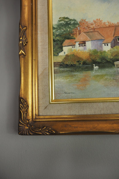 Vintage Country Village Oil Painting | Signed Linnel Landscape Art