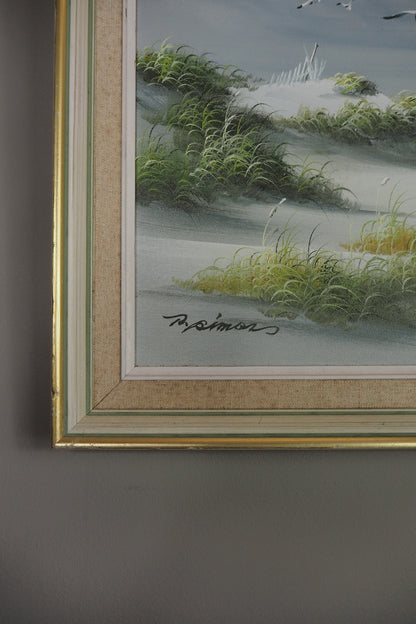 Sandy Dunes Seascape Scenery - Vintage Signed Oil Painting