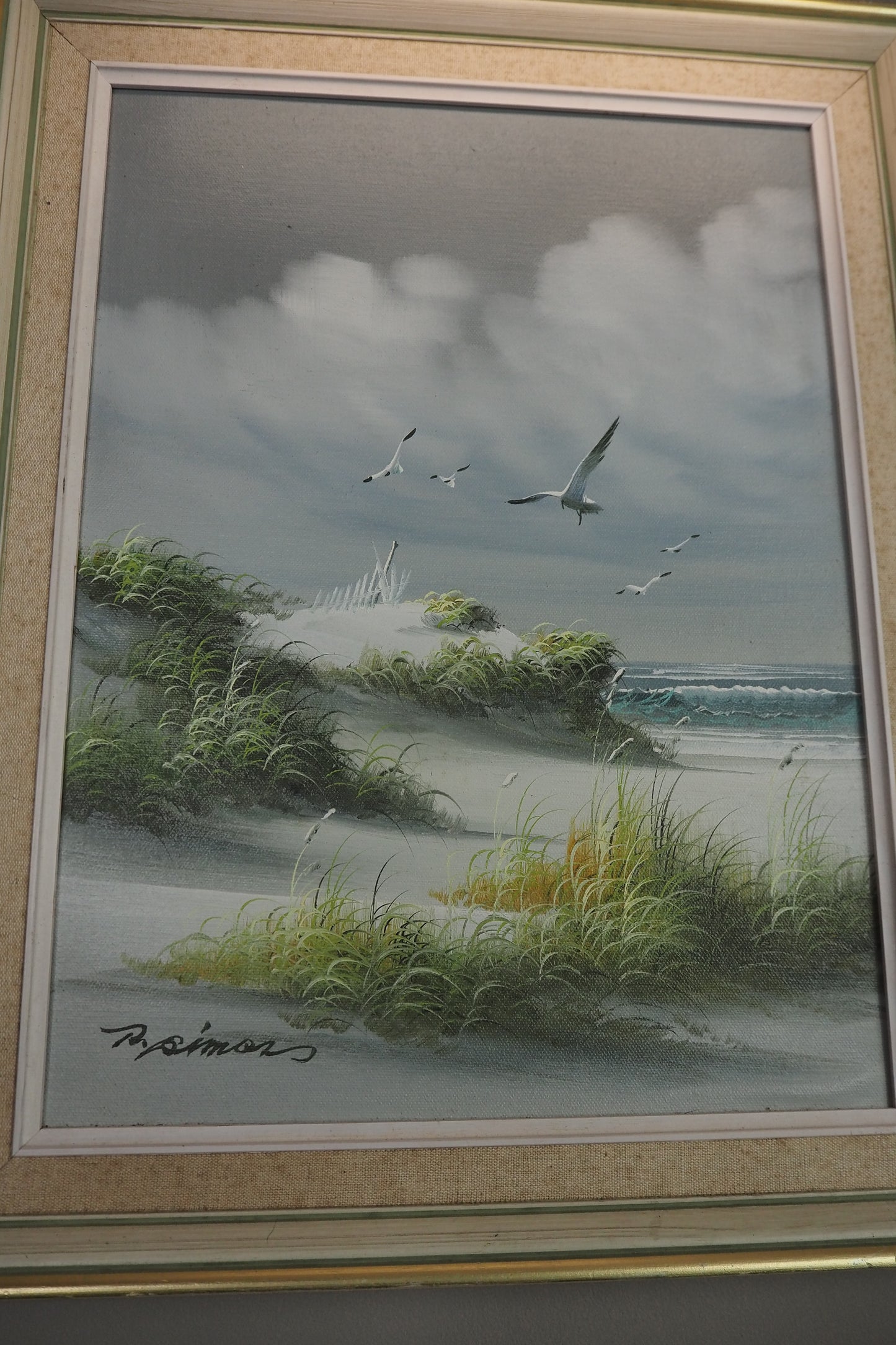 Sandy Dunes Seascape Scenery - Vintage Signed Oil Painting