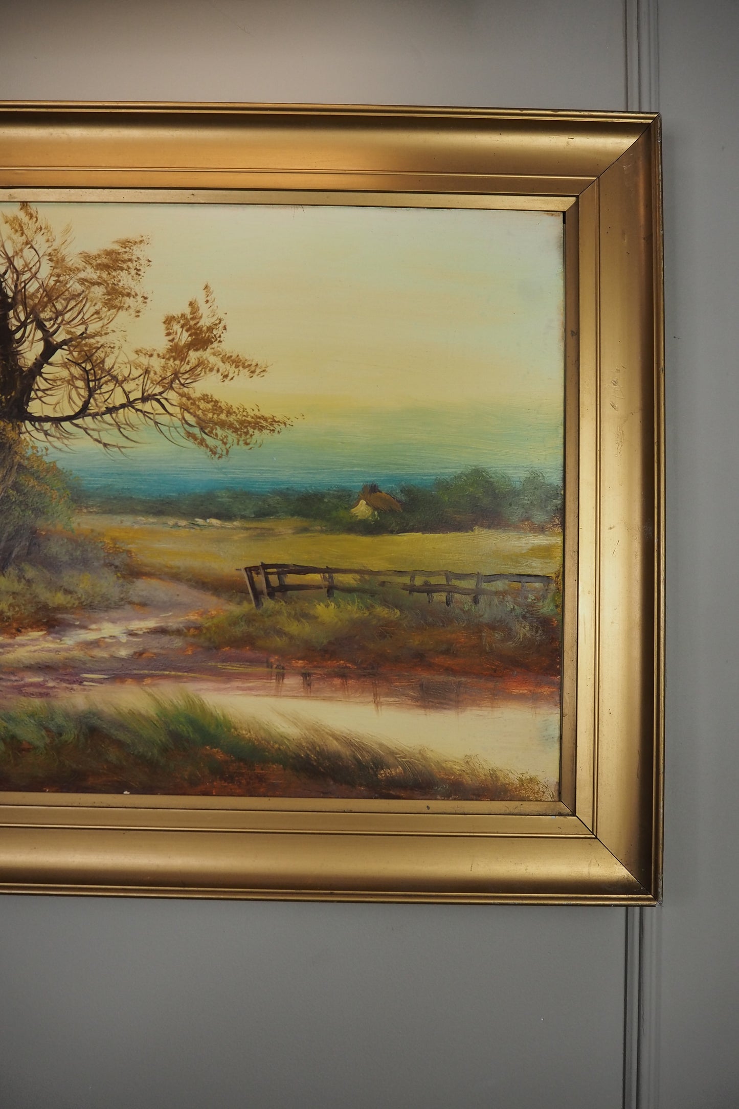 Antique Oil Painting – Signed G.J. (c. 1930–1940) in Simple Gold Gilt Frame