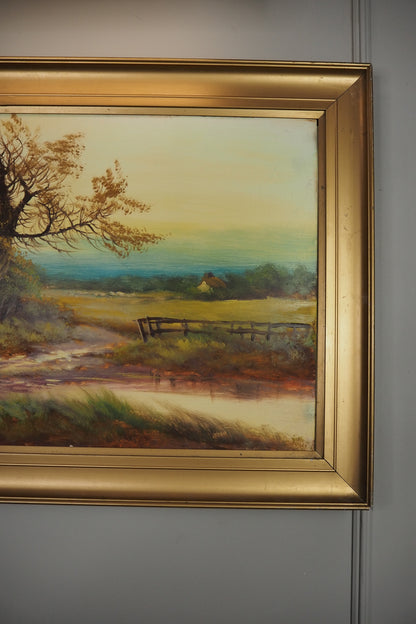 Antique Oil Painting – Signed G.J. (c. 1930–1940) in Simple Gold Gilt Frame