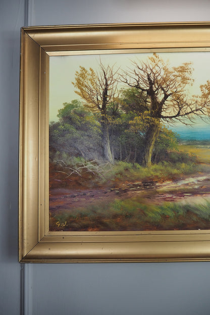 Antique Oil Painting – Signed G.J. (c. 1930–1940) in Simple Gold Gilt Frame