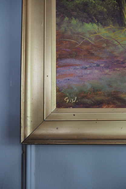 Antique Oil Painting – Signed G.J. (c. 1930–1940) in Simple Gold Gilt Frame