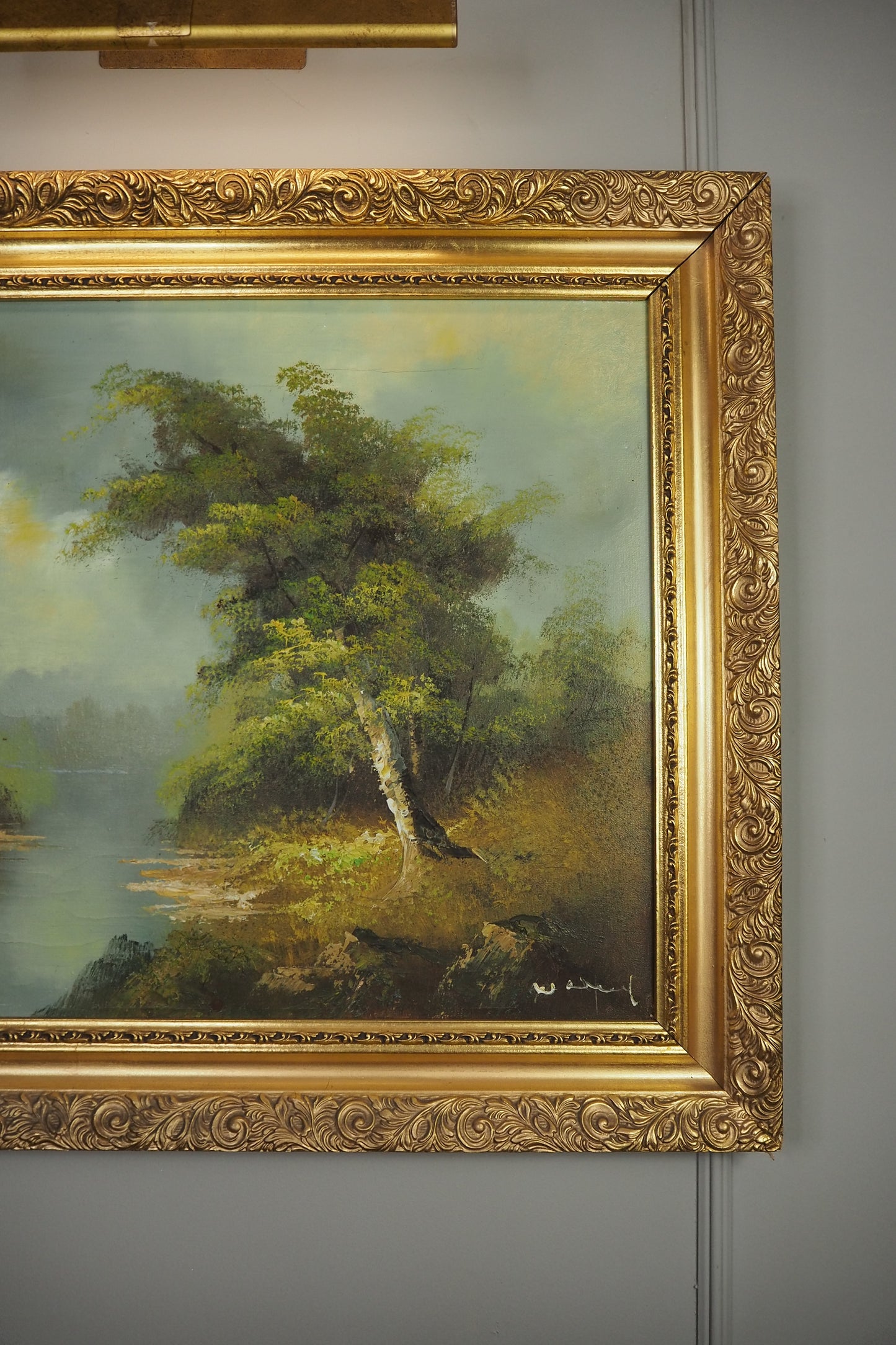 Vintage Mid Century Riverscape Oil Painting in Ornate Gold Rococo Frame