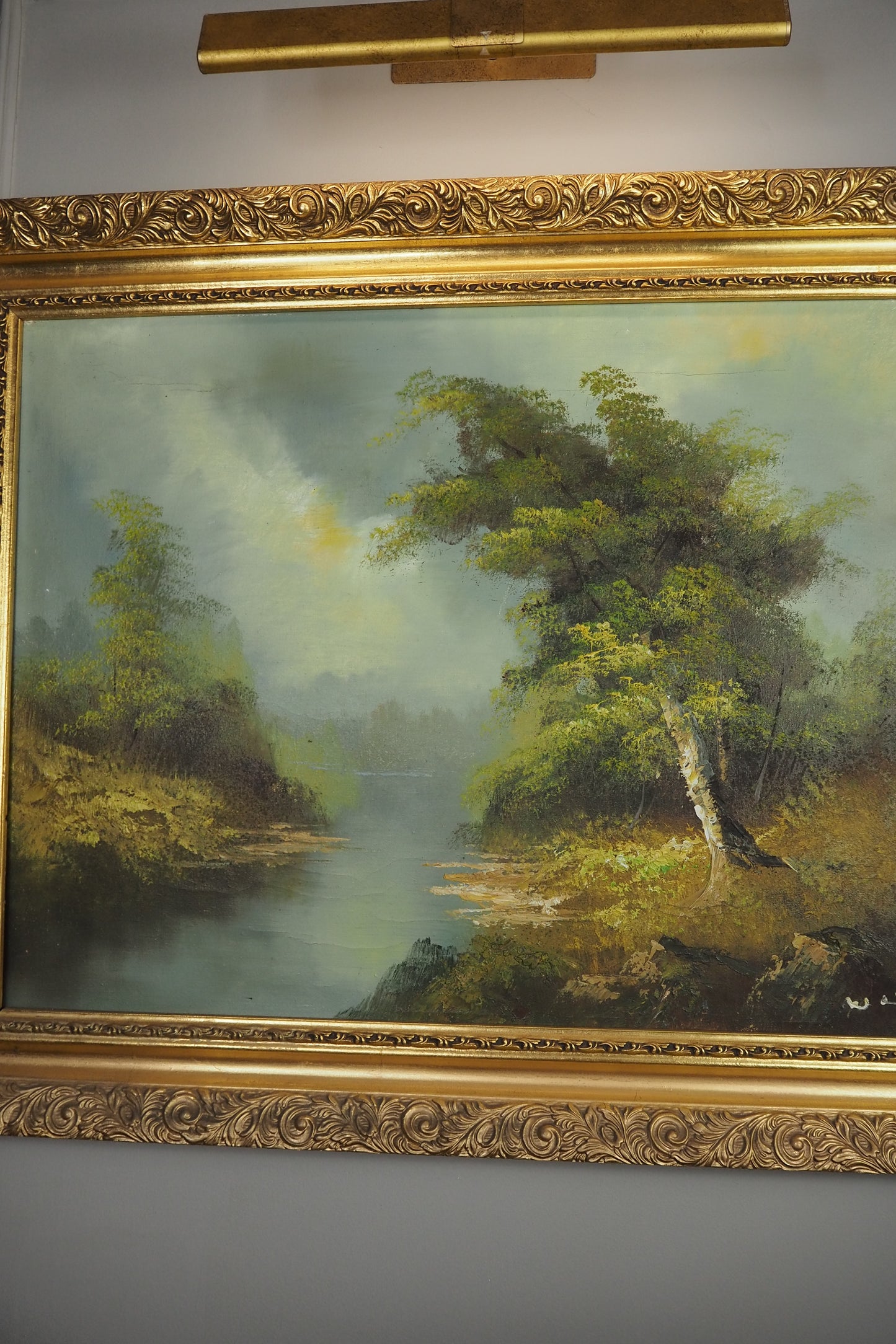 Vintage Mid Century Riverscape Oil Painting in Ornate Gold Rococo Frame