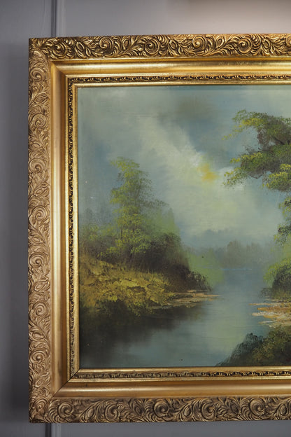 Vintage Mid Century Riverscape Oil Painting in Ornate Gold Rococo Frame