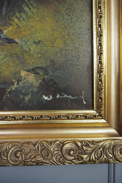 Vintage Mid Century Riverscape Oil Painting in Ornate Gold Rococo Frame