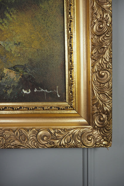 Vintage Mid Century Riverscape Oil Painting in Ornate Gold Rococo Frame