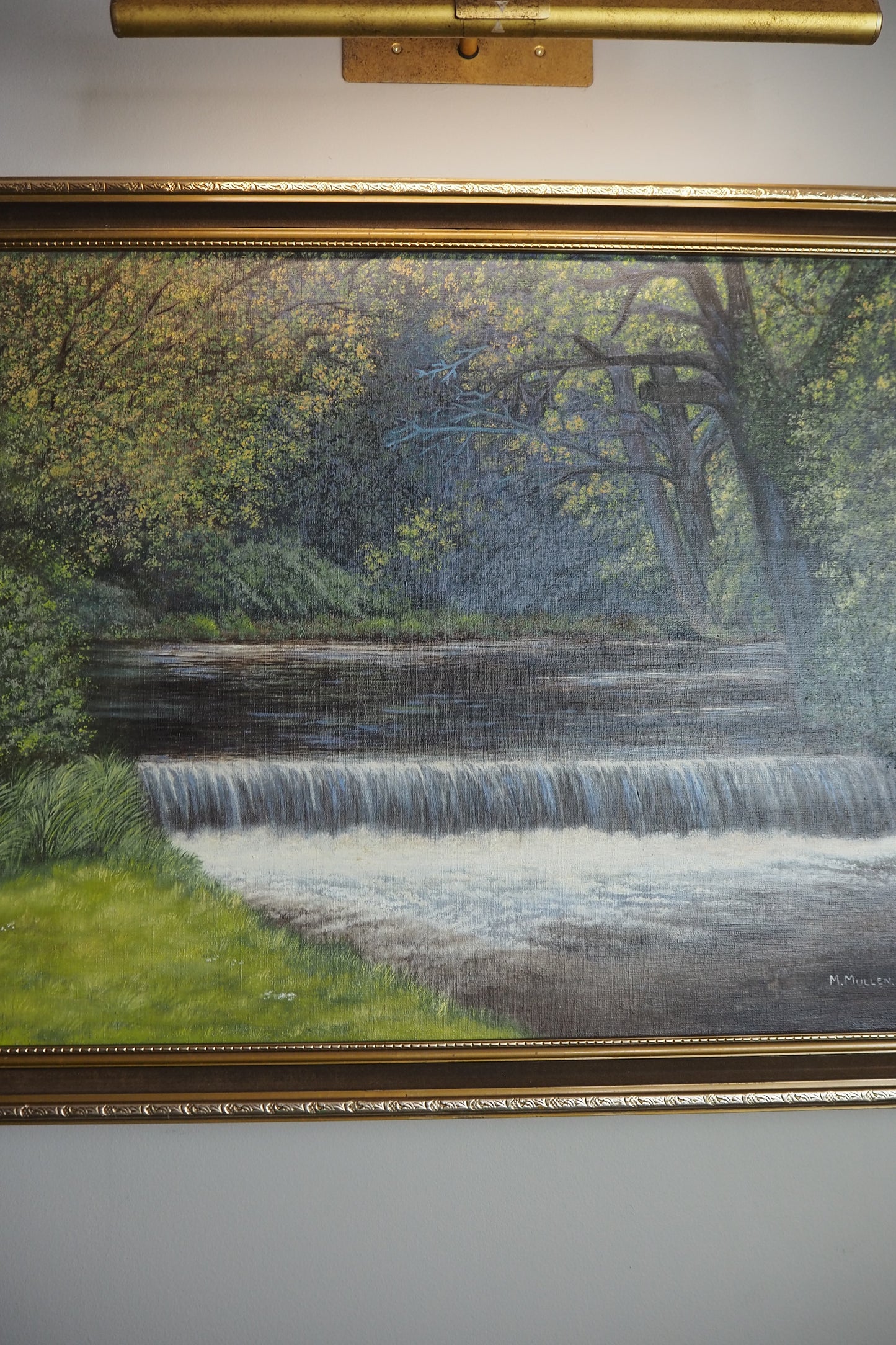 Vintage Dark Forest Water Scene – Signed by M. Mullen Oil Painting