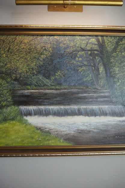 Vintage Dark Forest Water Scene – Signed by M. Mullen Oil Painting