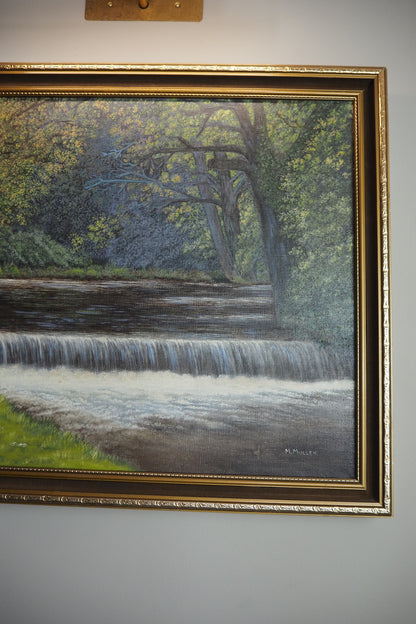 Vintage Dark Forest Water Scene – Signed by M. Mullen Oil Painting