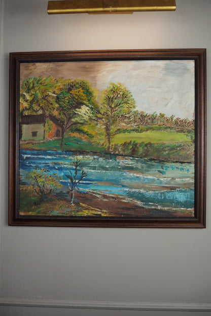 Peaceful River & Cabin Landscape- Vintage Rustic Oil Painting