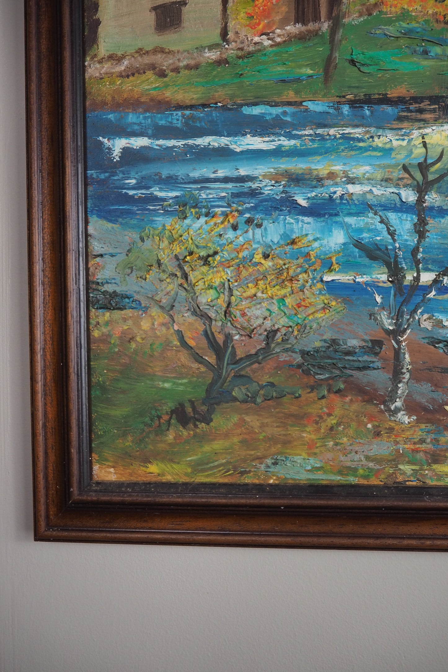 Peaceful River & Cabin Landscape- Vintage Rustic Oil Painting