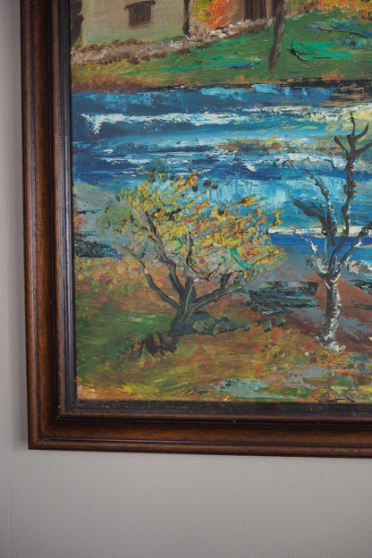 Peaceful River & Cabin Landscape- Vintage Rustic Oil Painting