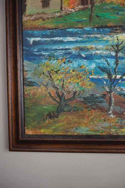 Peaceful River & Cabin Landscape- Vintage Rustic Oil Painting