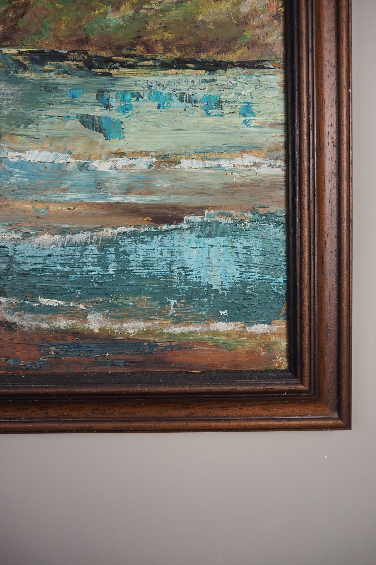 Peaceful River & Cabin Landscape- Vintage Rustic Oil Painting
