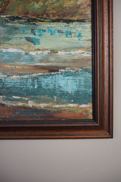 Peaceful River & Cabin Landscape- Vintage Rustic Oil Painting