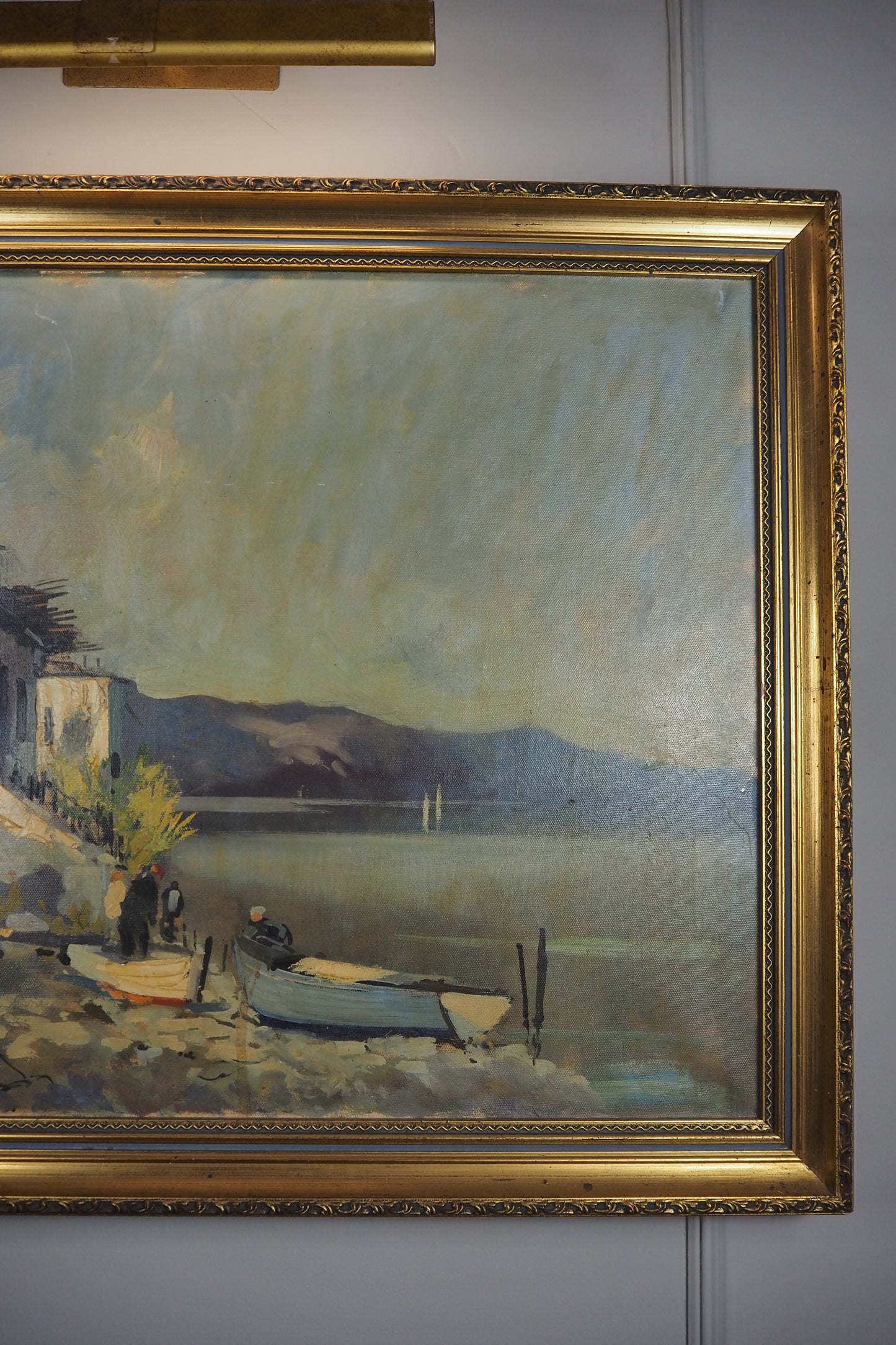 Vintage Mediterranean Coastal Oil Painting, Italian Seaside Village Art