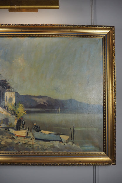 Vintage Mediterranean Coastal Oil Painting, Italian Seaside Village Art