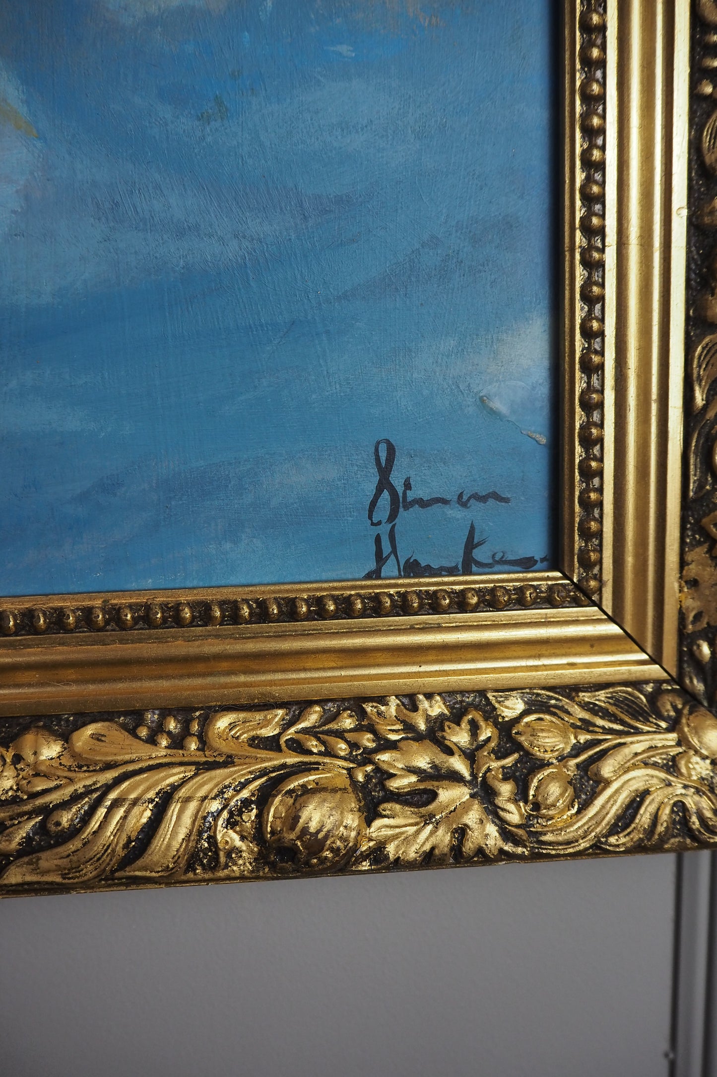 Blue Sky -Large  Vintage Oil Painting in Gold Gilded Belvoir Frame